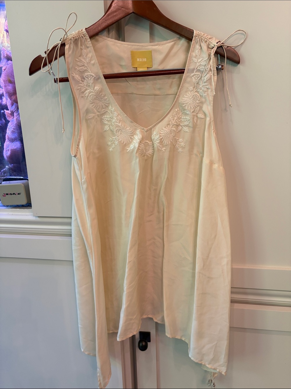 Maeve Cream Embroidered V-Neck Tie-Shoulder Tank SILK